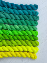 Load image into Gallery viewer, Yellow and Green Mini Skein DK Yarn Set of 10 - Hand Dyed Wool