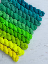 Load image into Gallery viewer, Yellow and Green Mini Skein DK Yarn Set of 10 - Hand Dyed Wool
