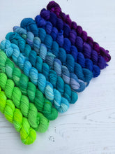 Load image into Gallery viewer, Purple Blue and Green Mini Skein DK Yarn Set of 10 - Hand Dyed Wool
