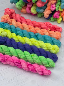 Neon Rainbow Yarn Set - Variegated & Semi Solid Colours - Mini Skeins Hand Dyed Wool