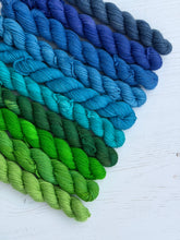 Load image into Gallery viewer, Blue and Green Mini Skein DK Yarn Set of 10 - Hand Dyed Wool
