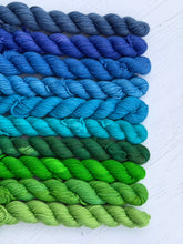 Load image into Gallery viewer, Blue and Green Mini Skein DK Yarn Set of 10 - Hand Dyed Wool