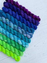 Load image into Gallery viewer, Purple Blue and Green Mini Skein DK Yarn Set of 10 - Hand Dyed Wool